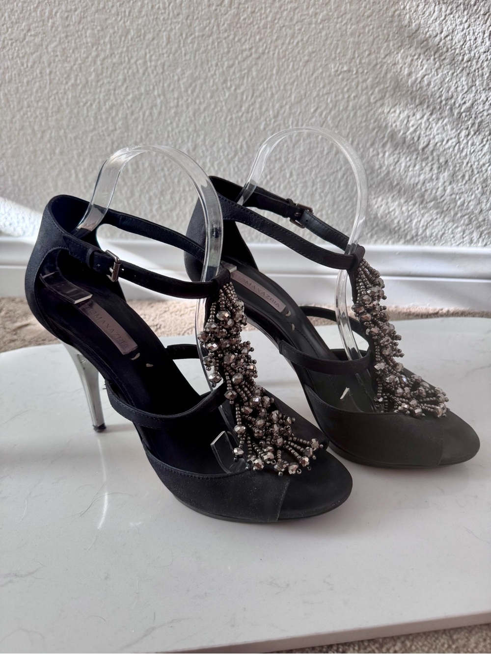BCBG Black Embellished T-Strap High Heel Sandals